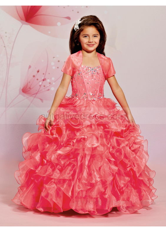 Beaded Sweetheart Neck Organza Ruffle Flower Girl Dress With Bolero